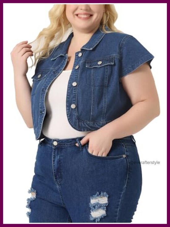 Jackets & Blazers - Plus Size Cropped Denim Jacket Button Down Y2K Streetwear Short Sleeve